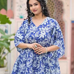 aravalii AravaliiFloral Printed Cotton Indigo Lily Luxe Kaftan Top With Trouser Co-Ords image 3