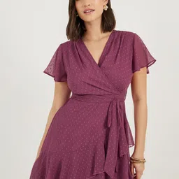 Styli Women V-Neck Wrap Mini Dress with Flutter Sleeves and Asymmetric Hem-image-21