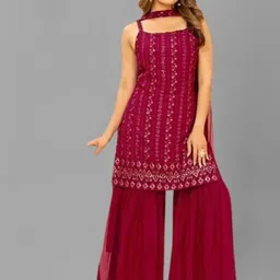 PARROT CREATION Floral Embroidered Sequinned Georgette Kurti With Sharara And Dupatta image 4