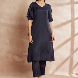 HERE&NOW V-Neck Puffed Sleeves Straight Kurta With Trousers-image-75