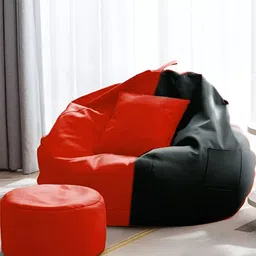 AARIJ MART Red 3 Pieces Colourblocked Leather Bean Bag With Footrest & Cushion-14