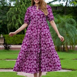 BAESD Women Pure Cotton Floral Printed Puff Sleeve Fit & Flare Maxi Dress-picture-0