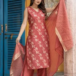 ASPORA Women Floral Printed Silk Kurta with Palazzo & with Dupatta-image-10