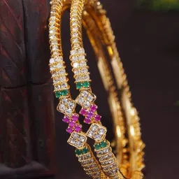 SGA FASHION Set Of 2 Gold-Plated American Diamond Stones Studded Bangles-image-80