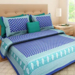 Aura Blue & White Ethnic Motifs 144 TC Queen Bedsheet with 2 Pillow Covers-image-62