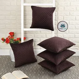 WISE HOME Coffee Brown 5 Pieces Checked Velvet Square Cushion Covers-image-22