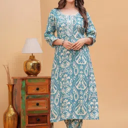 Fashion4word Ethnic Motifs Printed Thread Work Pure Cotton Kurta With Trousers-picture-24