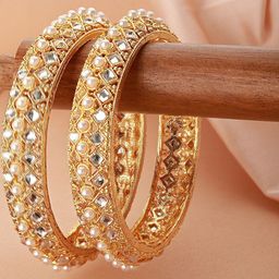 Anouk Set of 2 Gold-Toned Beaded & Cubic Zirconia Embellished Bangles-picture-17
