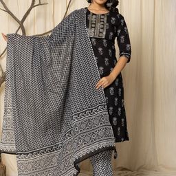 Aralia Women Floral Printed Cotton Kurta with Trousers & Dupatta-image-14