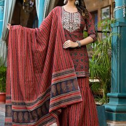 KALINI Ethnic Motifs Zari Work Pure Cotton Straight Kurta With Sharara And Dupatta-image-91