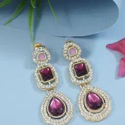 I Jewels Gold-Plated Artificial Stones Studded Teardrop Shaped Drop Earrings-39