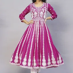 Aaghnya Women's Pink Rayon Blend Embroidered Anarkali Kurta-picture-2