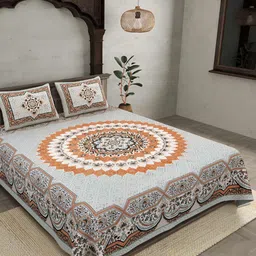 BED-SHEET.COM Orange & White Floral King Bedsheet with 2 Pillow Covers-image-21