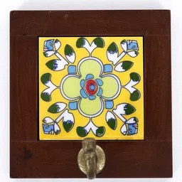 Exotic India Yellow & Brown Tiled Wood Framed Wall Hook-33