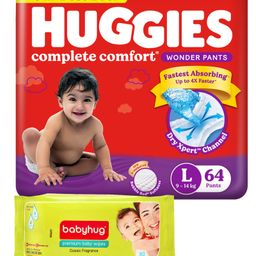 Huggies Wonder Pants Large Size Pant Style Diapers - 64 Pieces & Babyhug Premium baby lemon wipes 72 Pieces-image-36