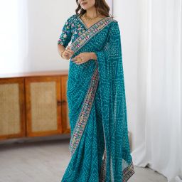 Printed, Embellished, Embroidered Bandhani Lace, Georgette Saree-image-39