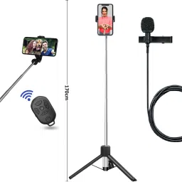 CROWNVIZ Selfie Stick Tripod All in One Professional 67'' Selfie Stick with Large Reinforced Tripod Stand Bluetooth Selfie Stick with Wireless Remote & Collar Mic Bluetooth Selfie Stick-18