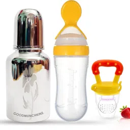 Stainless Steel Feeding Bottle Silicone Spoon Feeder (90ml) & Fruit Feeder for Babies -304 SS-No Joints-Anti Colic Silicon Nipple-Food Grade Silicon Feeder BPA Free Pack of 3 - 300-10