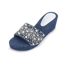 MyMy footwear Dazzling Denim Women Embellished Leather Wedge Heel Sandals-51