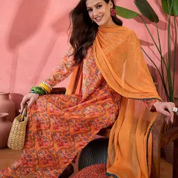 Sangria Floral Printed V-Neck Straight Kurta With Churidar And Dupatta-image-52