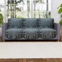 Myntra Elegant Homes 10 Pieces Grey & Black Quilted Checked 5 Seater Sofa Covers-17
