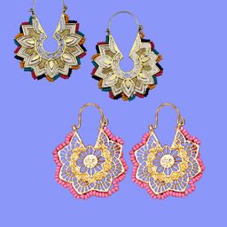 DressBerry Set Of 2 Gold-Plated Artificial Beaded Floral Shaped Hoop Earrings-image-76