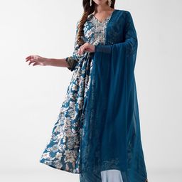 Pashet Floral Printed V-Neck Empire Thread Work A-Line Kurta With Trousers & Dupatta-12