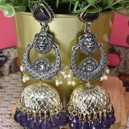 MEIRA JEWELLERY Silver Plated Artificial Stones Studded And Beaded Dome Oxidised Jhumkas-picture-40