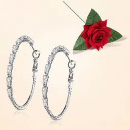 Peora Silver-Plated Cubic Zirconia Studded Circular Shaped Hoop Earrings With Red Rose-43