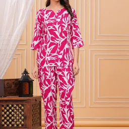 OKARA Floral Printed Notch-Neck Kurti With Trousers Night Suit-picture-14