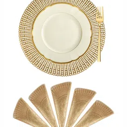 Aura Cream Colored and Gold-Toned 6 Pieces Geometric Textured Round Table Placemats-1