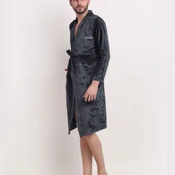 klotthe Men Grey Self Design Wool Bath Robe With Belt image 4