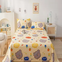 JC HOME Grey & Yellow Graphic 140 TC Queen Bedsheet with 2 Pillow Covers-image-88