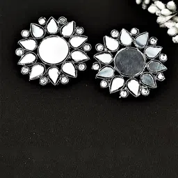 Yash Jewels Emporiums Silver Plated Artificial Stones Studded Oxidized Floral Shape Studs-image-37
