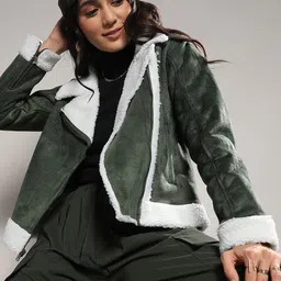 Campus Sutra Women Lapel Collar Colourblocked Lightweight Sherpa Jacket-picture-24