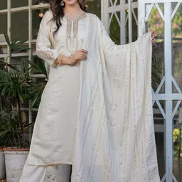 Brand Hill Women Ethnic Motifs Embroidered Regular Sequinned Chanderi Silk Kurta with Trousers & With Dupatta-picture-19