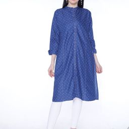 CEFALU Floral Printed Mandarin Collar Panelled Denim Straight Kurta-picture-15