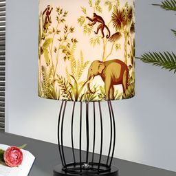 Homesake Green Printed Cotton Contemporary Cylindrical Shaped Table Lamp with Bulb-83