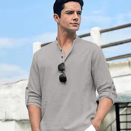 APEKTRA Band Collar Roll-Up Sleeves Slim Fit Short Kurta-image-56