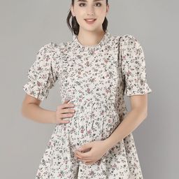 Zuvino Floral Print Mandarin Collar Puff Sleeve Ruffles Cotton Peplum Longline Top-image-70