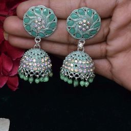 MEIRA JEWELLERY Artificial Stones Studded & Beaded Dome Shaped Jhumkas-picture-5