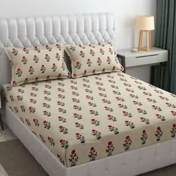 Aura Cream-Coloured & Red Floral 144 TC Queen Bedsheet with 2 Pillow Covers-17