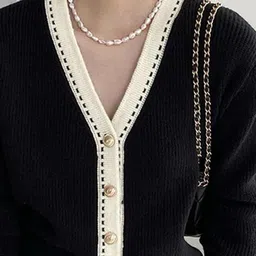 Alamode By Akanksha Women Boucle Striped Woollen Longline Black Caspian Buttoned Sweaters image 2