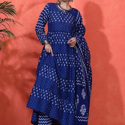 Sangria Floral Printed Pure Cotton A-Line Kurta & Trousers With Dupatta-image-36