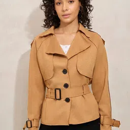 SHOWOFF Women Solid Suede Windcheater Tailored Jacket with Belt-image-34