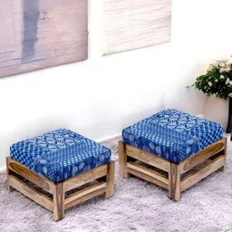 Ikiriya 2Pcs Blue & Brown Printed Wooden Stool-1