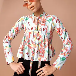 PURVAJA Floral Print Mandarin Collar Top-image-17