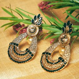Anouk Black Gold-Plated Stone Studded & Beaded Teardrop Shaped Drop Earrings-2
