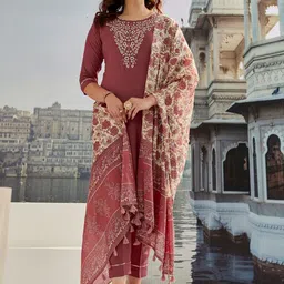 SANJANA SILK Floral Yoke Design Thread Work Cotton Silk Kurta with Trousers & Dupatta-image-1
