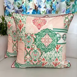 TARA- Sparkling Homes Peach-Coloured & Green Set of 2 Ethnic Motifs Velvet Square Cushion Covers-4